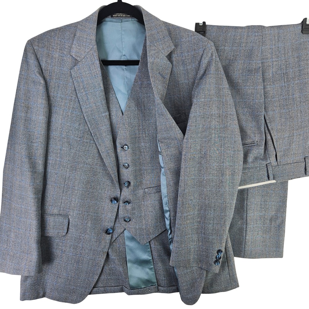 Vintage 80s Blue Grey Glen Plaid‎ 3pc Suit Single Breasted 2 Button Med ~40R-42R